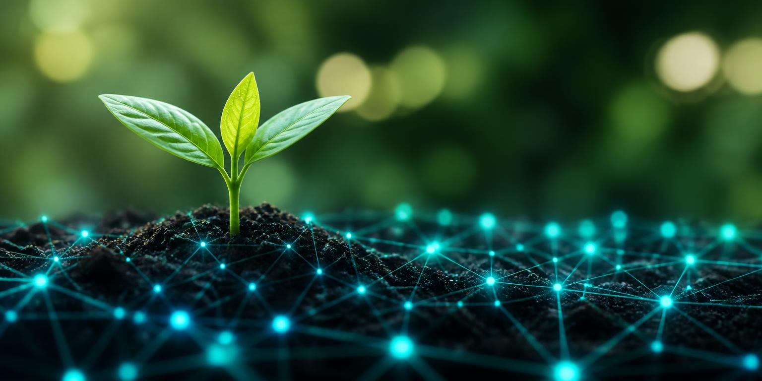 Jeune pousse verte émergeant d'un sol connecté par un réseau numérique lumineux